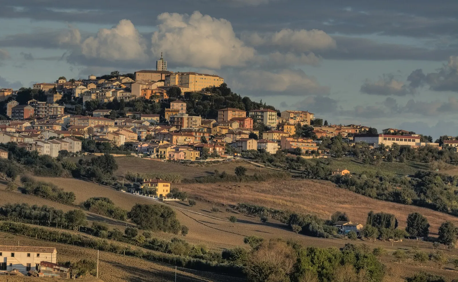 Centro storico di Camerano su colle con case e campanile circondato da vigneti del Conero nelle Marche