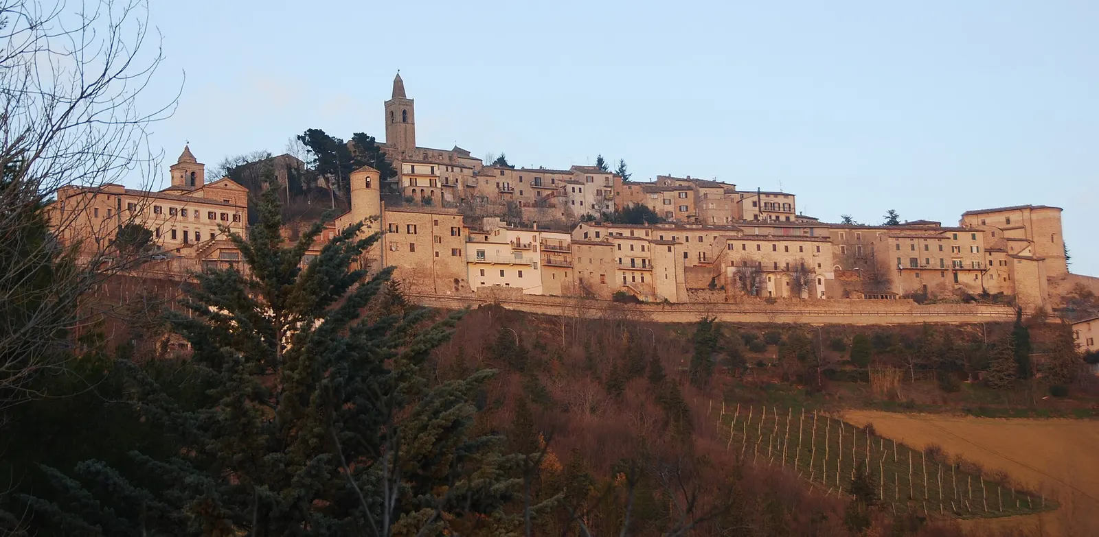 Centro storico di Montelparo arroccato sulla collina con campanile e case in mattoni nelle Marche