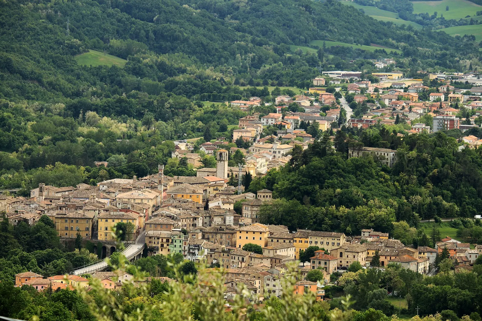 Veduta panoramica del borgo medievale di Cartoceto immerso nelle verdi colline marchigiane