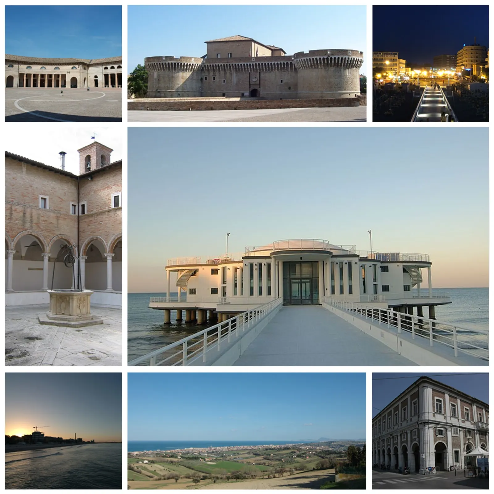 Collage di monumenti e luoghi storici di Senigallia tra Rocca Roveresca e Rotonda a Mare sul lungomare