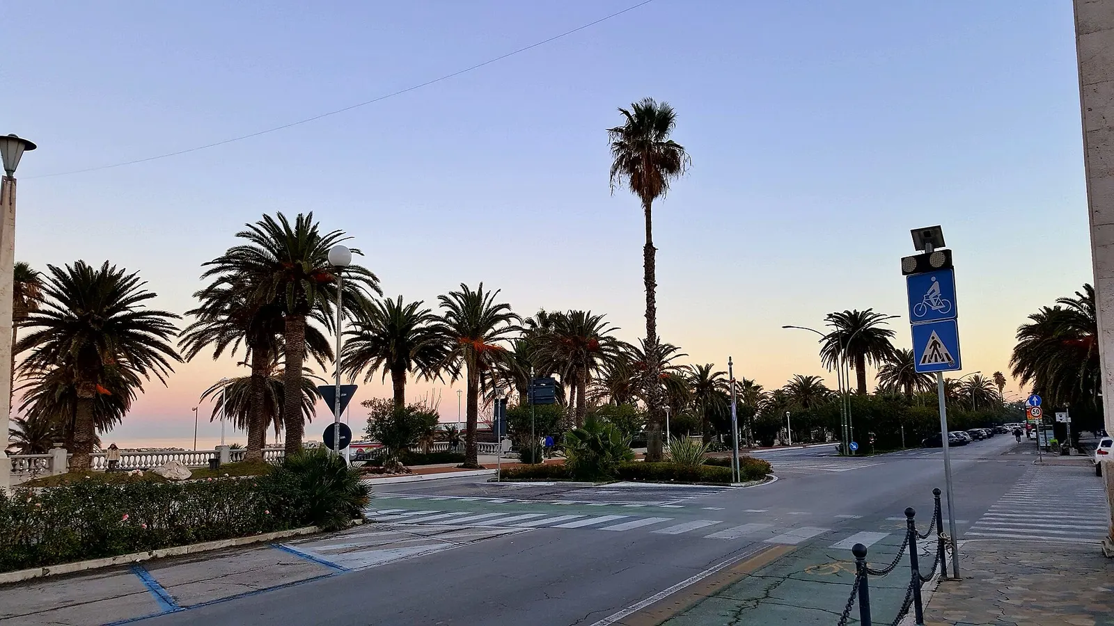 Viale alberato con palme al tramonto sul Lungomare Nord di San Benedetto del Tronto nelle Marche