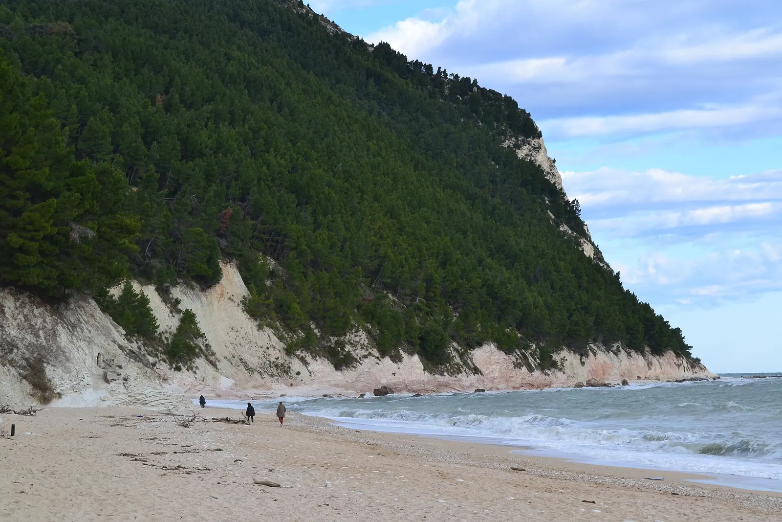 Spiaggia dei Sassi Neri a Sirolo con scogliera del Conero ricoperta di vegetazione e mare adriatico