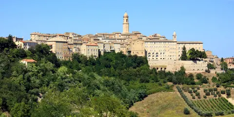 Centro storico di Petritoli su collina con campanile e case in pietra tra vigneti e uliveti marchigiani