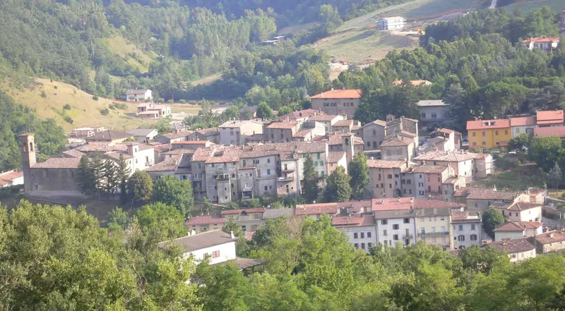 Veduta panoramica del borgo medievale di Apecchio circondato da colline verdi nell'Appennino marchigiano
